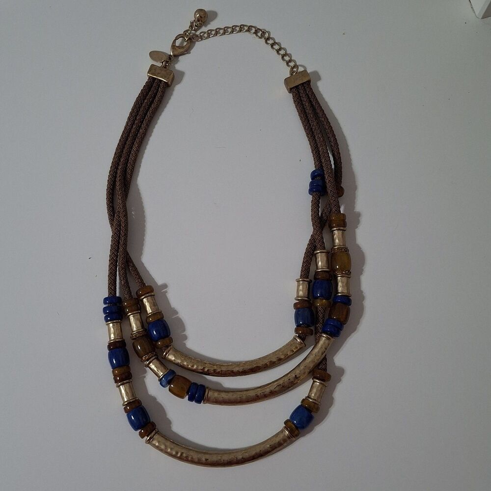 Chicos Layered Gold Tone Blue Beaded Brown Fabric Cord Statement Necklace